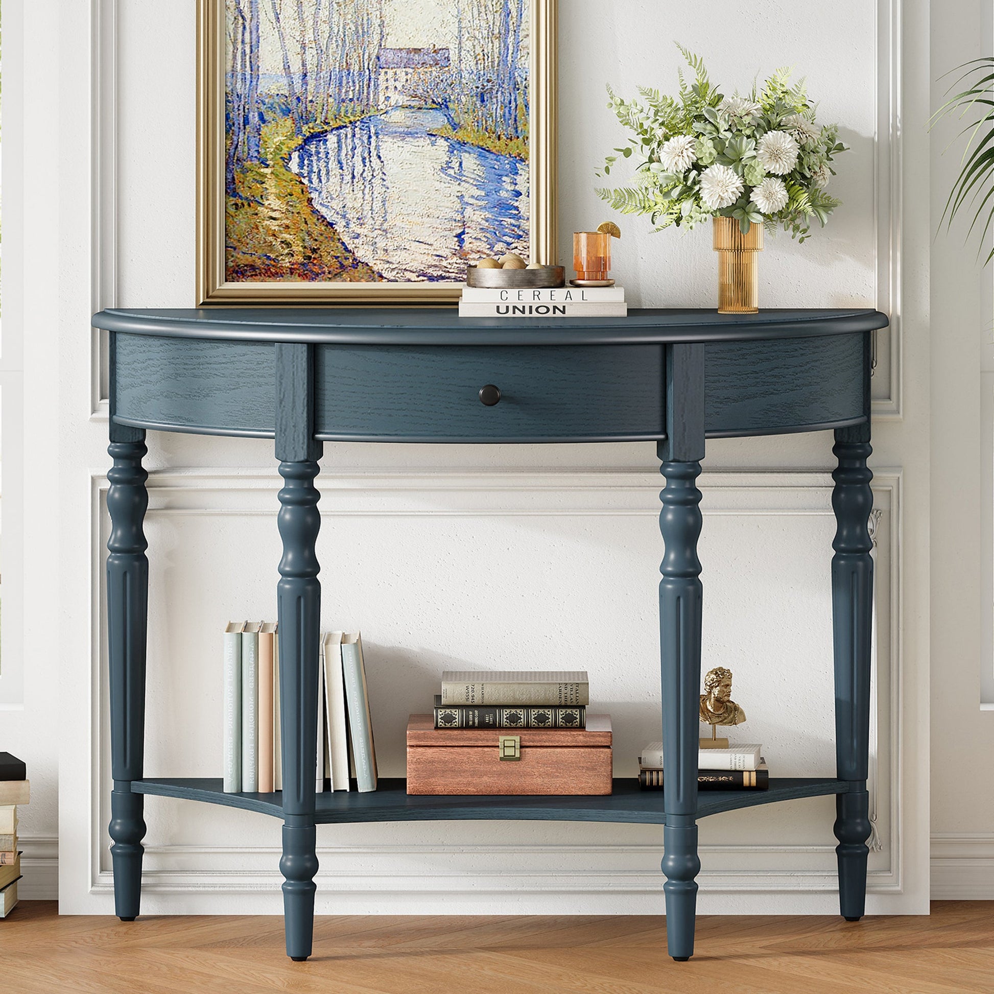 TREXM Farmhouse Half Moon Console Table with Drawer & Shelf - Rustic Accent Table, Sofa Table for Entryway, Living Room, Hallway and Foyer (Navy) - 1st Choice Furniture Direct
