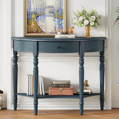 TREXM Farmhouse Half Moon Console Table with Drawer & Shelf - Rustic Accent Table, Sofa Table for Entryway, Living Room, Hallway and Foyer (Navy) - 1st Choice Furniture Direct