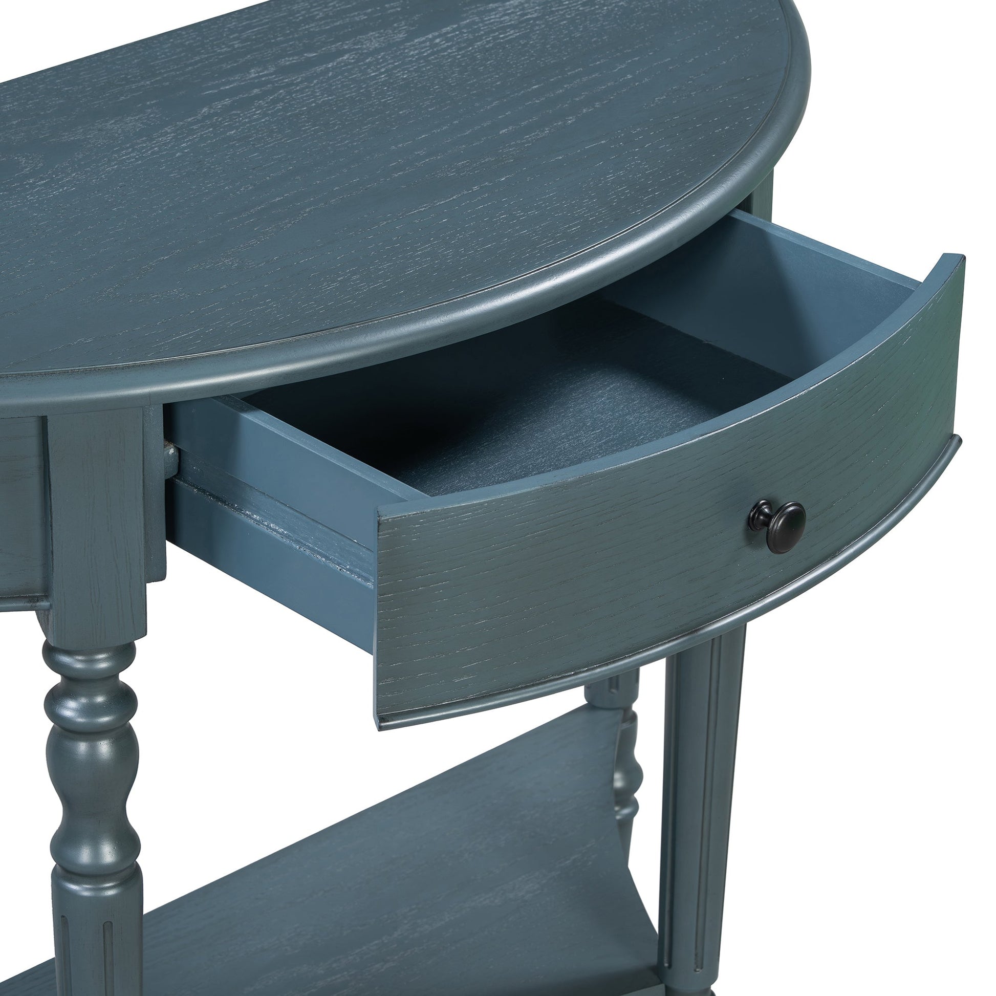 TREXM Farmhouse Half Moon Console Table with Drawer & Shelf - Rustic Accent Table, Sofa Table for Entryway, Living Room, Hallway and Foyer (Navy) - 1st Choice Furniture Direct