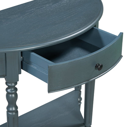 TREXM Farmhouse Half Moon Console Table with Drawer & Shelf - Rustic Accent Table, Sofa Table for Entryway, Living Room, Hallway and Foyer (Navy) - 1st Choice Furniture Direct
