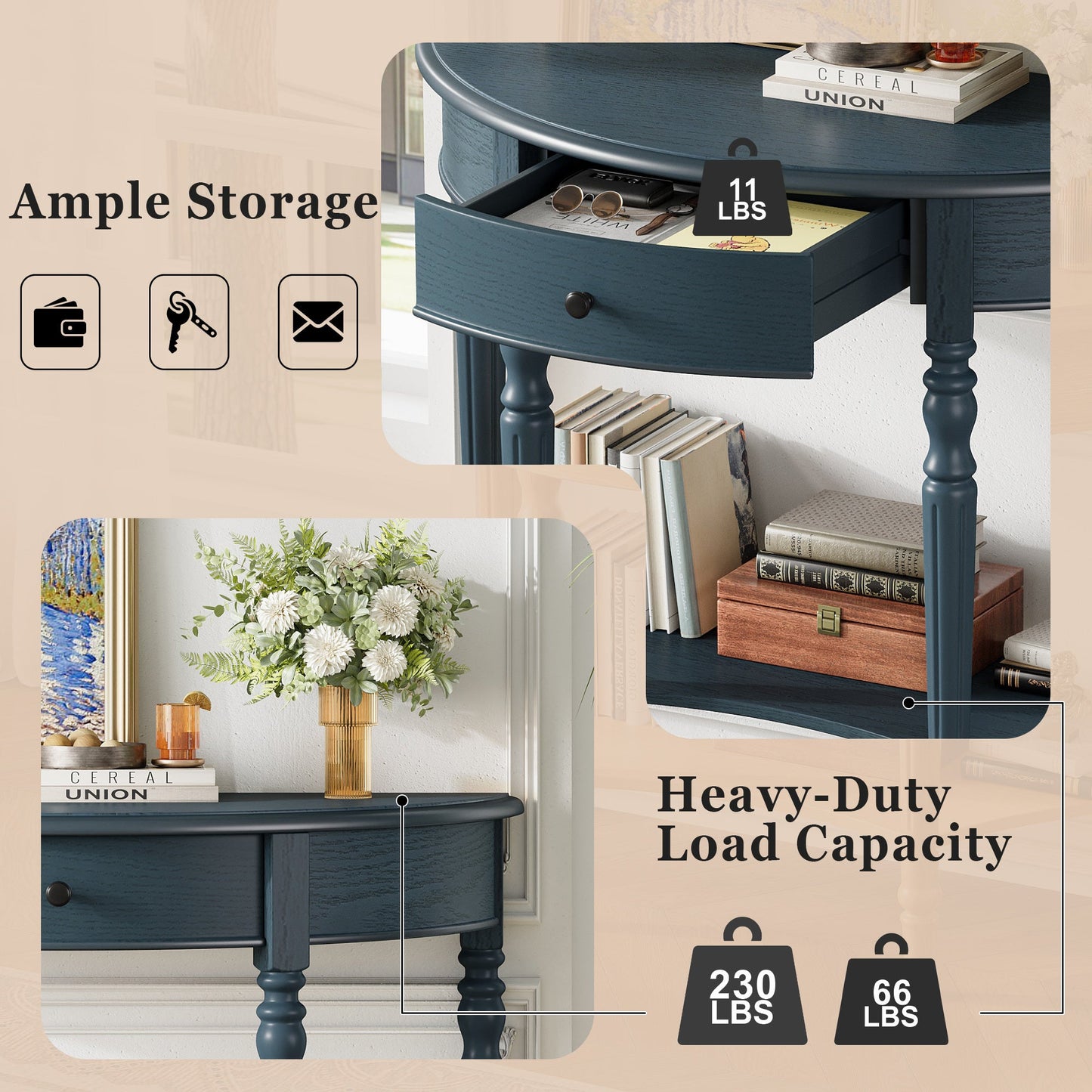 TREXM Farmhouse Half Moon Console Table with Drawer & Shelf - Rustic Accent Table, Sofa Table for Entryway, Living Room, Hallway and Foyer (Navy) - 1st Choice Furniture Direct