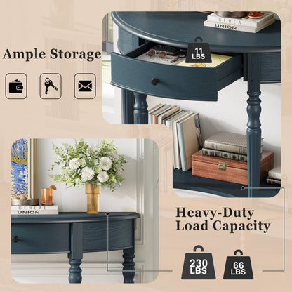 TREXM Farmhouse Half Moon Console Table with Drawer & Shelf - Rustic Accent Table, Sofa Table for Entryway, Living Room, Hallway and Foyer (Navy) - 1st Choice Furniture Direct