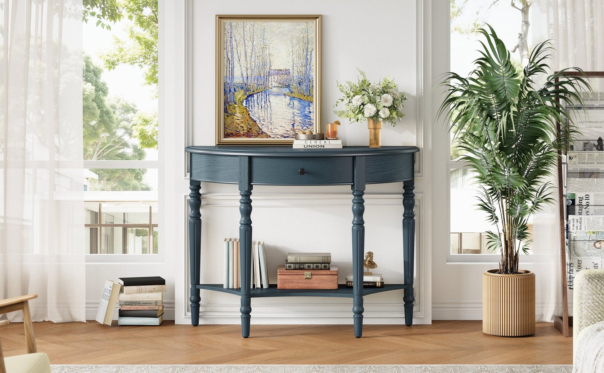 TREXM Farmhouse Half Moon Console Table with Drawer & Shelf - Rustic Accent Table, Sofa Table for Entryway, Living Room, Hallway and Foyer (Navy) - 1st Choice Furniture Direct