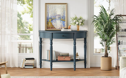 TREXM Farmhouse Half Moon Console Table with Drawer & Shelf - Rustic Accent Table, Sofa Table for Entryway, Living Room, Hallway and Foyer (Navy) - 1st Choice Furniture Direct