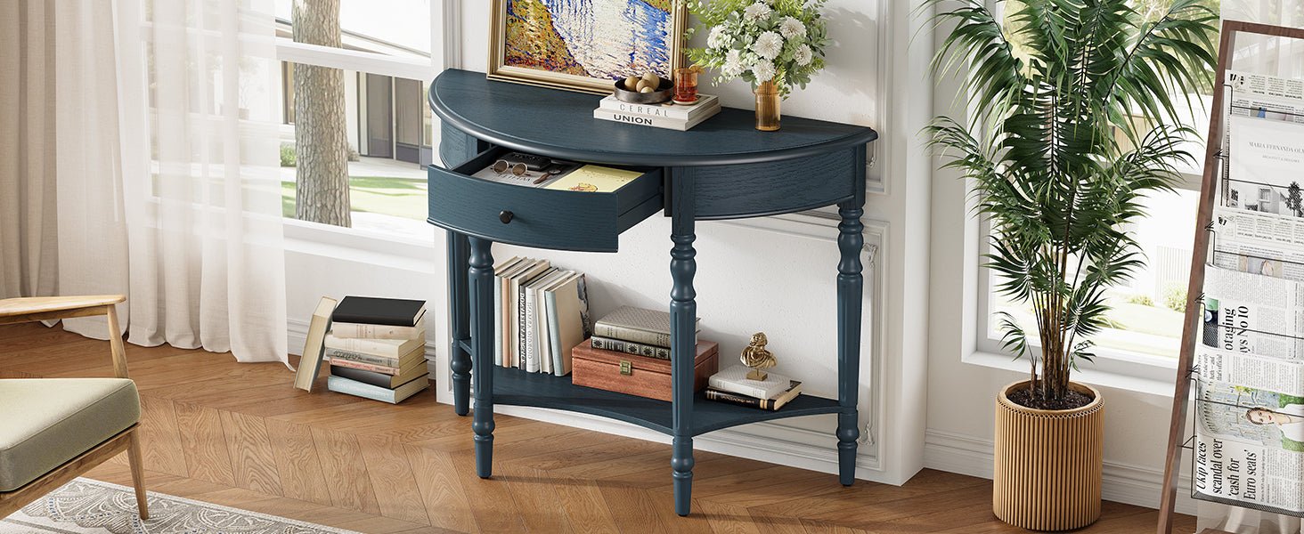 TREXM Farmhouse Half Moon Console Table with Drawer & Shelf - Rustic Accent Table, Sofa Table for Entryway, Living Room, Hallway and Foyer (Navy) - 1st Choice Furniture Direct