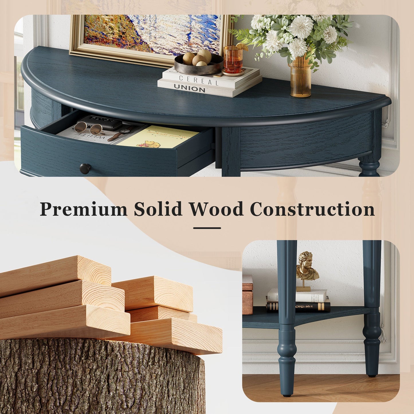TREXM Farmhouse Half Moon Console Table with Drawer & Shelf - Rustic Accent Table, Sofa Table for Entryway, Living Room, Hallway and Foyer (Navy) - 1st Choice Furniture Direct