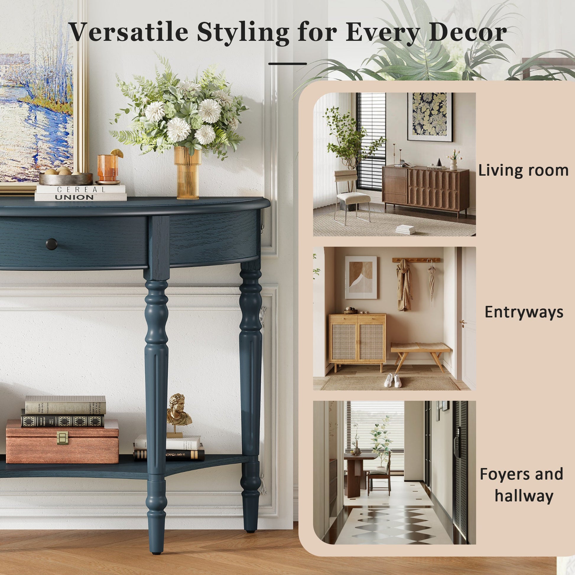 TREXM Farmhouse Half Moon Console Table with Drawer & Shelf - Rustic Accent Table, Sofa Table for Entryway, Living Room, Hallway and Foyer (Navy) - 1st Choice Furniture Direct