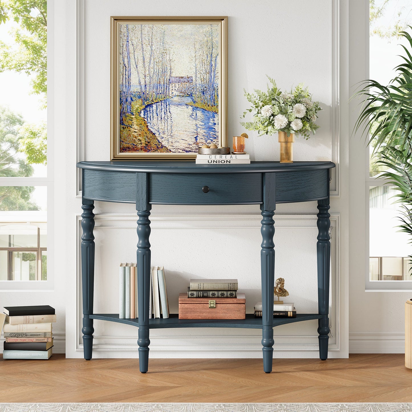 TREXM Farmhouse Half Moon Console Table with Drawer & Shelf - Rustic Accent Table, Sofa Table for Entryway, Living Room, Hallway and Foyer (Navy) - 1st Choice Furniture Direct
