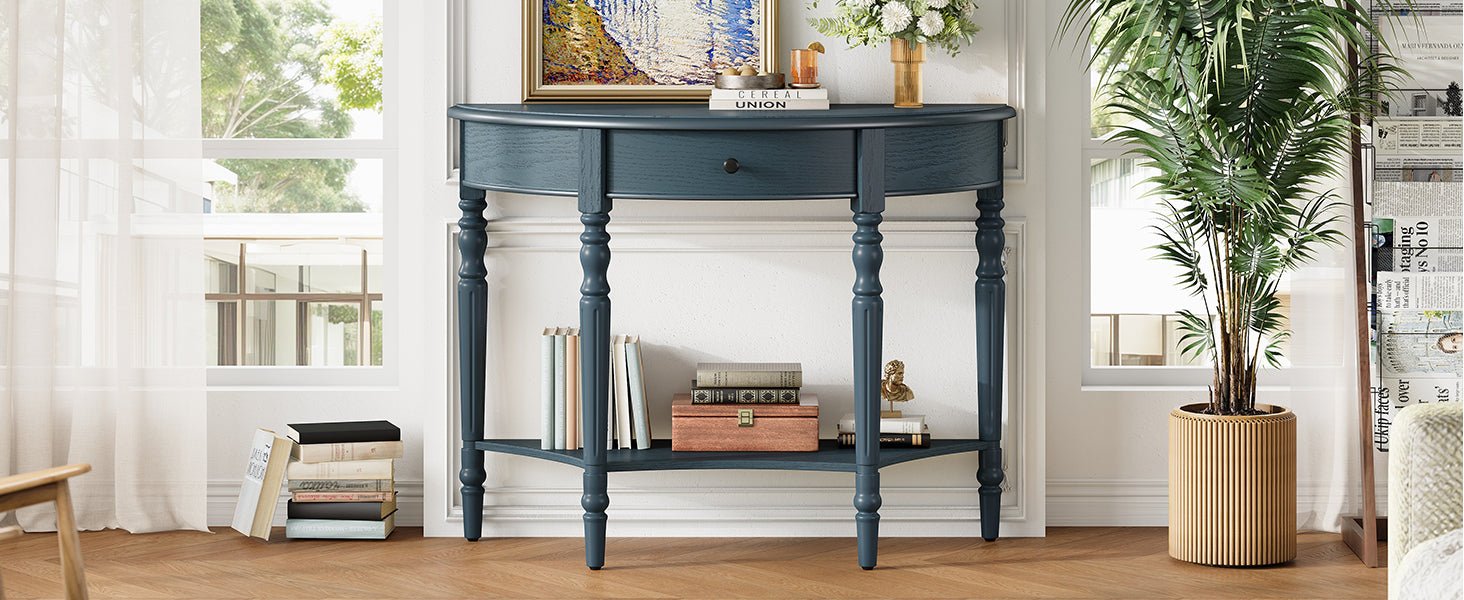 TREXM Farmhouse Half Moon Console Table with Drawer & Shelf - Rustic Accent Table, Sofa Table for Entryway, Living Room, Hallway and Foyer (Navy) - 1st Choice Furniture Direct