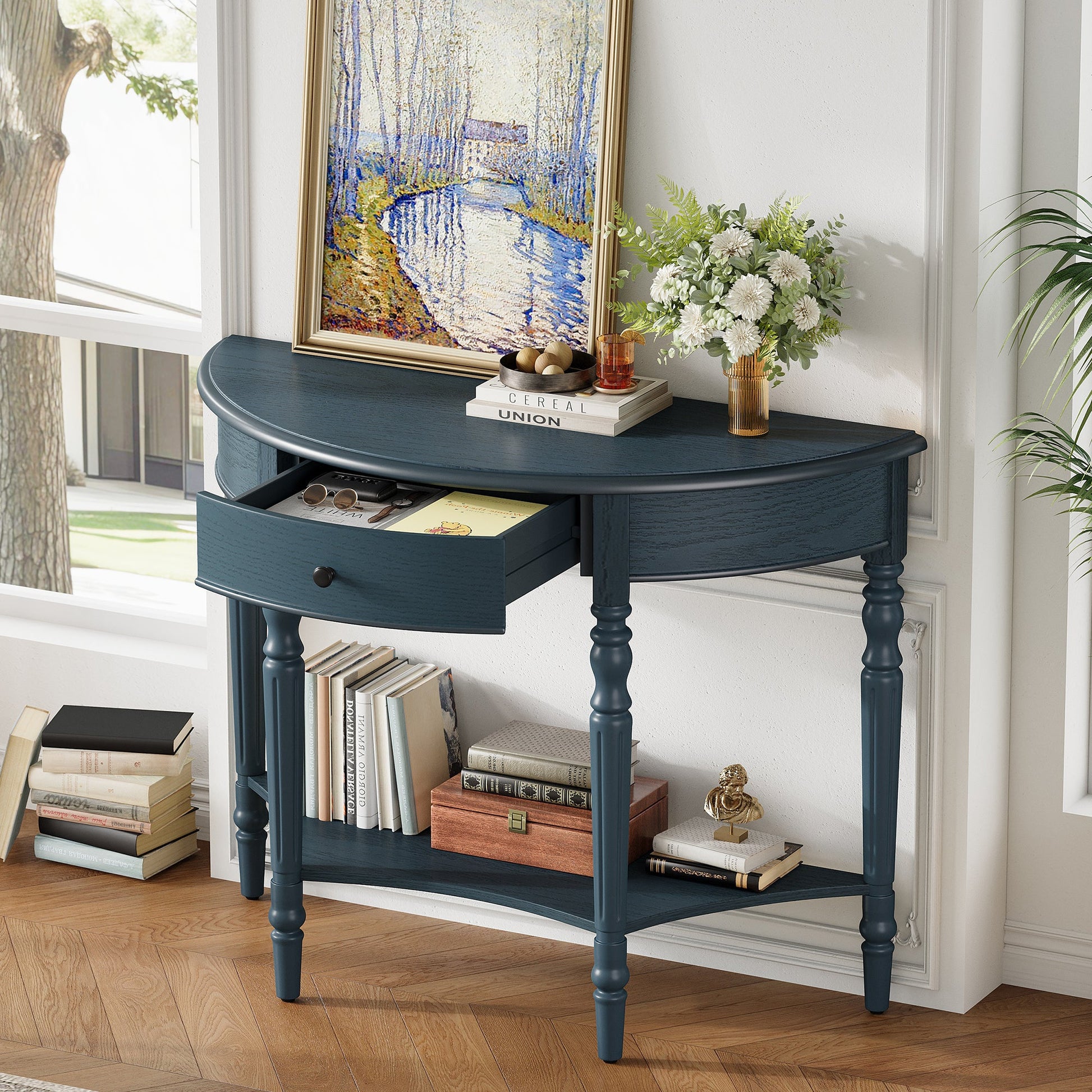 TREXM Farmhouse Half Moon Console Table with Drawer & Shelf - Rustic Accent Table, Sofa Table for Entryway, Living Room, Hallway and Foyer (Navy) - 1st Choice Furniture Direct