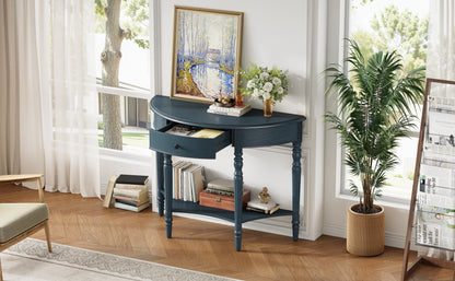 TREXM Farmhouse Half Moon Console Table with Drawer & Shelf - Rustic Accent Table, Sofa Table for Entryway, Living Room, Hallway and Foyer (Navy) - 1st Choice Furniture Direct