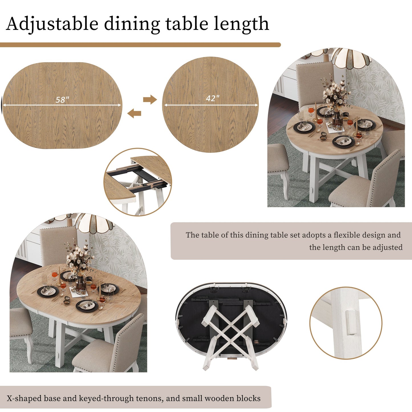 TREXM Farmhouse Round Extendable Dining Table with 16' Leaf Wood Kitchen Table (Oak Natural Wood + Antique White) - 1st Choice Furniture Direct