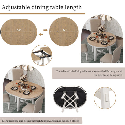 TREXM Farmhouse Round Extendable Dining Table with 16' Leaf Wood Kitchen Table (Oak Natural Wood + Antique White) - 1st Choice Furniture Direct