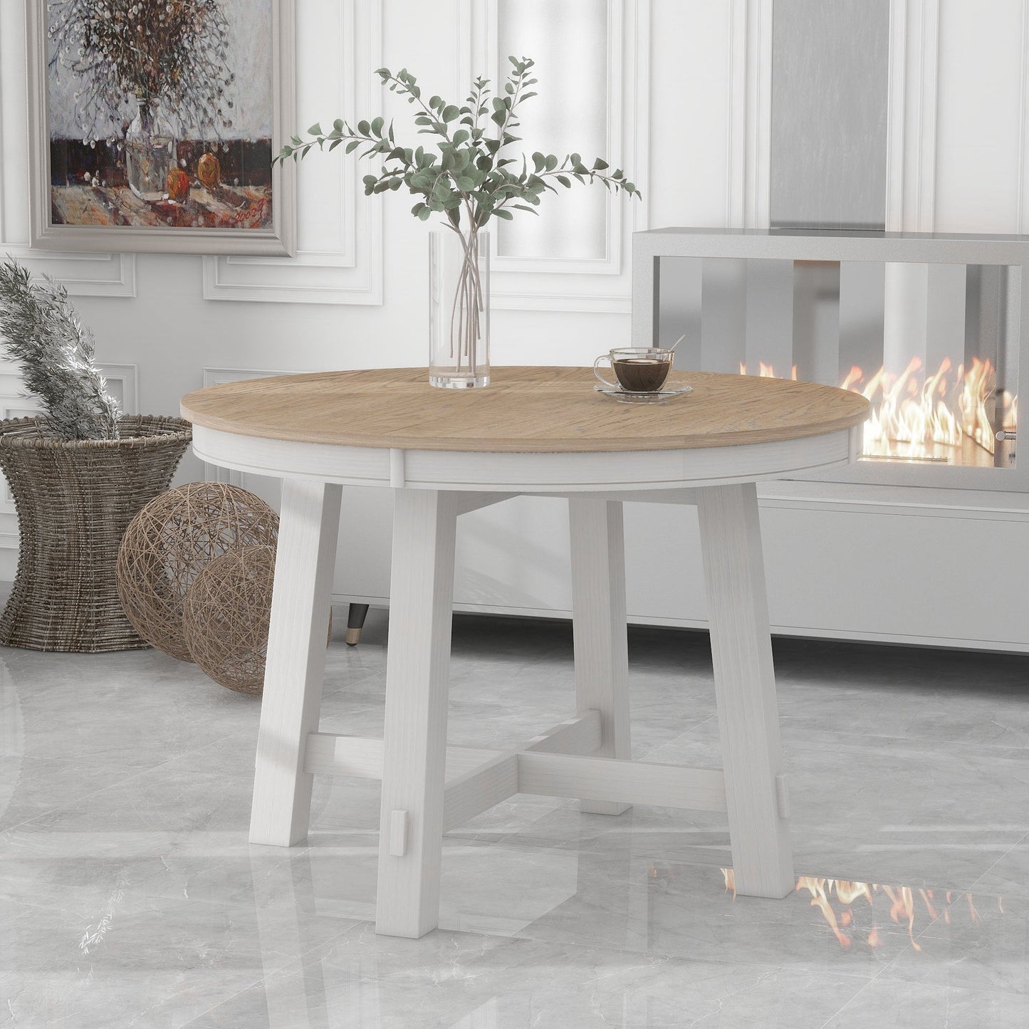 TREXM Farmhouse Round Extendable Dining Table with 16' Leaf Wood Kitchen Table (Oak Natural Wood + Antique White) - 1st Choice Furniture Direct
