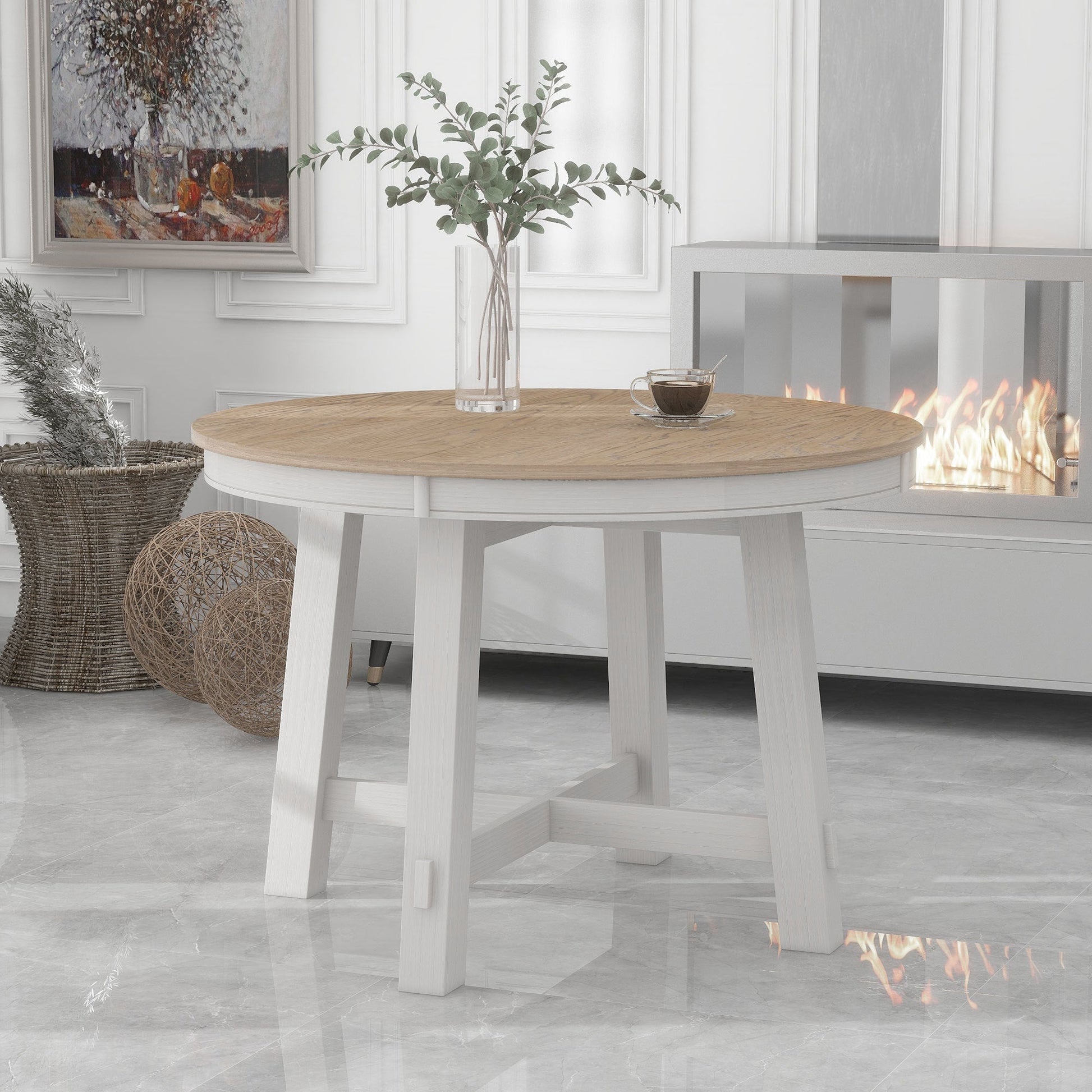 TREXM Farmhouse Round Extendable Dining Table with 16' Leaf Wood Kitchen Table (Oak Natural Wood + Antique White) - 1st Choice Furniture Direct