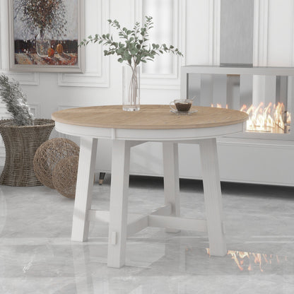 TREXM Farmhouse Round Extendable Dining Table with 16' Leaf Wood Kitchen Table (Oak Natural Wood + Antique White) - 1st Choice Furniture Direct