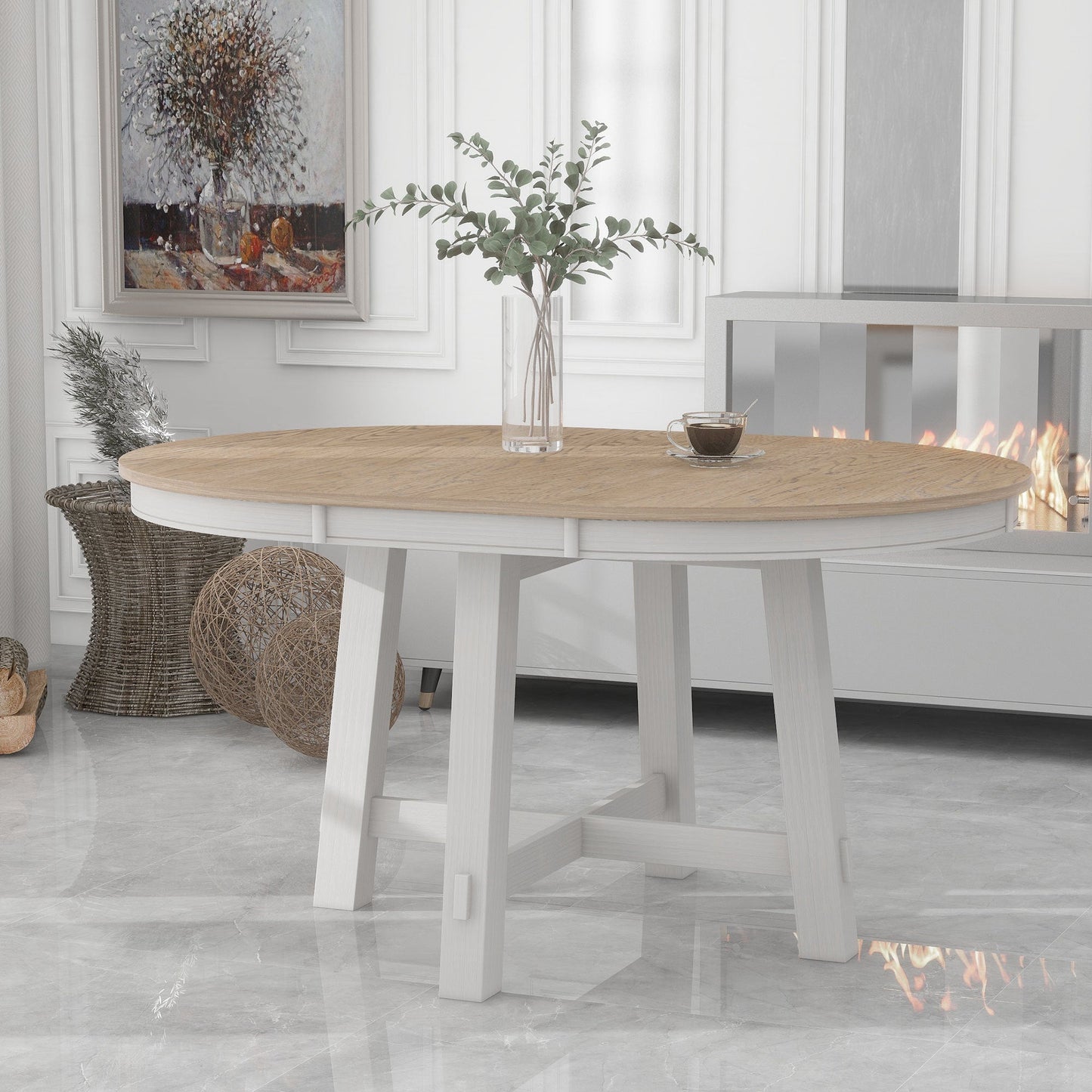 TREXM Farmhouse Round Extendable Dining Table with 16' Leaf Wood Kitchen Table (Oak Natural Wood + Antique White) - 1st Choice Furniture Direct