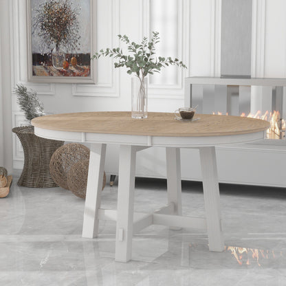 TREXM Farmhouse Round Extendable Dining Table with 16' Leaf Wood Kitchen Table (Oak Natural Wood + Antique White) - 1st Choice Furniture Direct