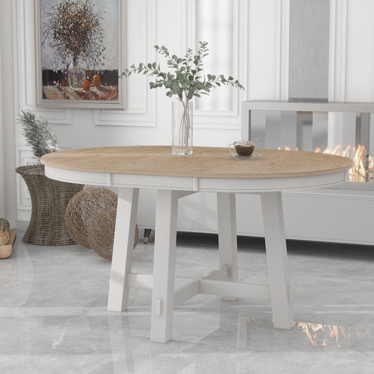 TREXM Farmhouse Round Extendable Dining Table with 16' Leaf Wood Kitchen Table (Oak Natural Wood + Antique White) - 1st Choice Furniture Direct