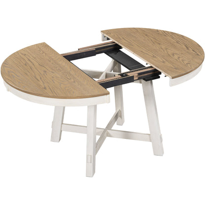 TREXM Farmhouse Round Extendable Dining Table with 16' Leaf Wood Kitchen Table (Oak Natural Wood + Antique White) - 1st Choice Furniture Direct