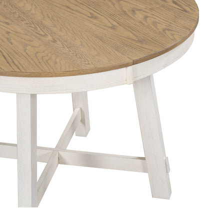TREXM Farmhouse Round Extendable Dining Table with 16' Leaf Wood Kitchen Table (Oak Natural Wood + Antique White) - 1st Choice Furniture Direct