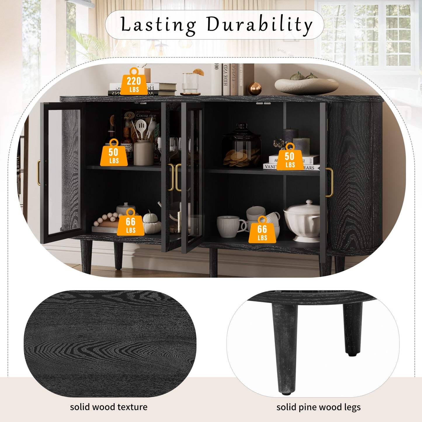 TREXM Farmhouse Sideboard Cabinet with Storage, Wood Buffet Cabinet with Glass Doors and Adjustable Shelves for Kitchen, Dining Room and Living Room (Black) - 1st Choice Furniture Direct