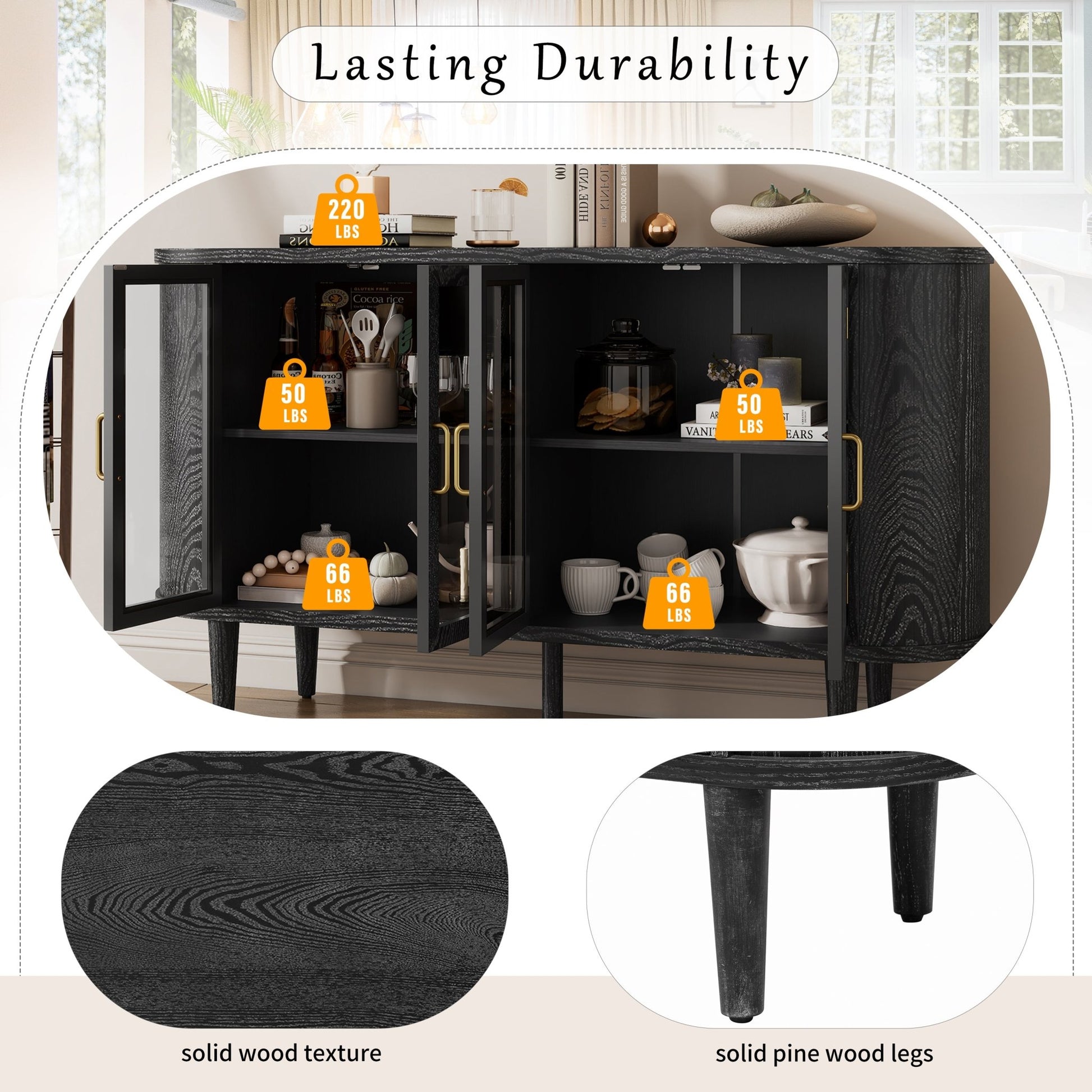 TREXM Farmhouse Sideboard Cabinet with Storage, Wood Buffet Cabinet with Glass Doors and Adjustable Shelves for Kitchen, Dining Room and Living Room (Black) - 1st Choice Furniture Direct