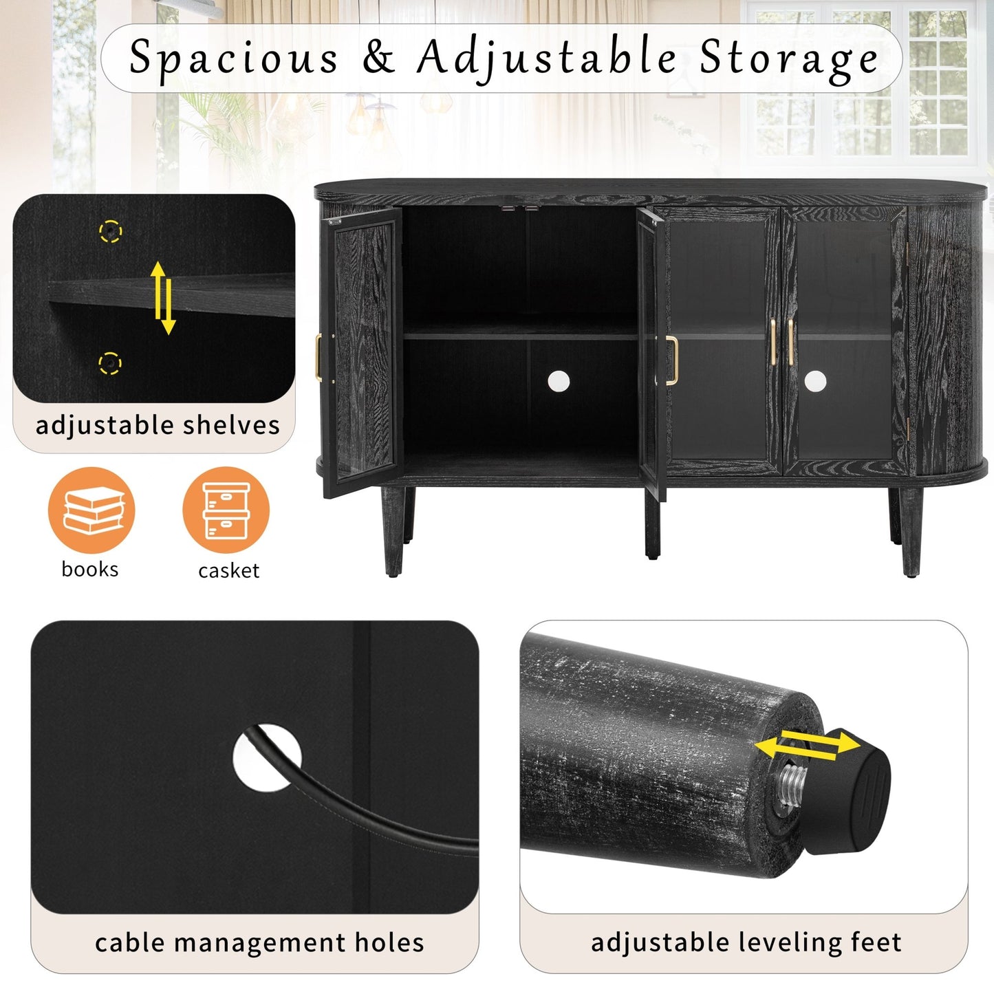 TREXM Farmhouse Sideboard Cabinet with Storage, Wood Buffet Cabinet with Glass Doors and Adjustable Shelves for Kitchen, Dining Room and Living Room (Black) - 1st Choice Furniture Direct