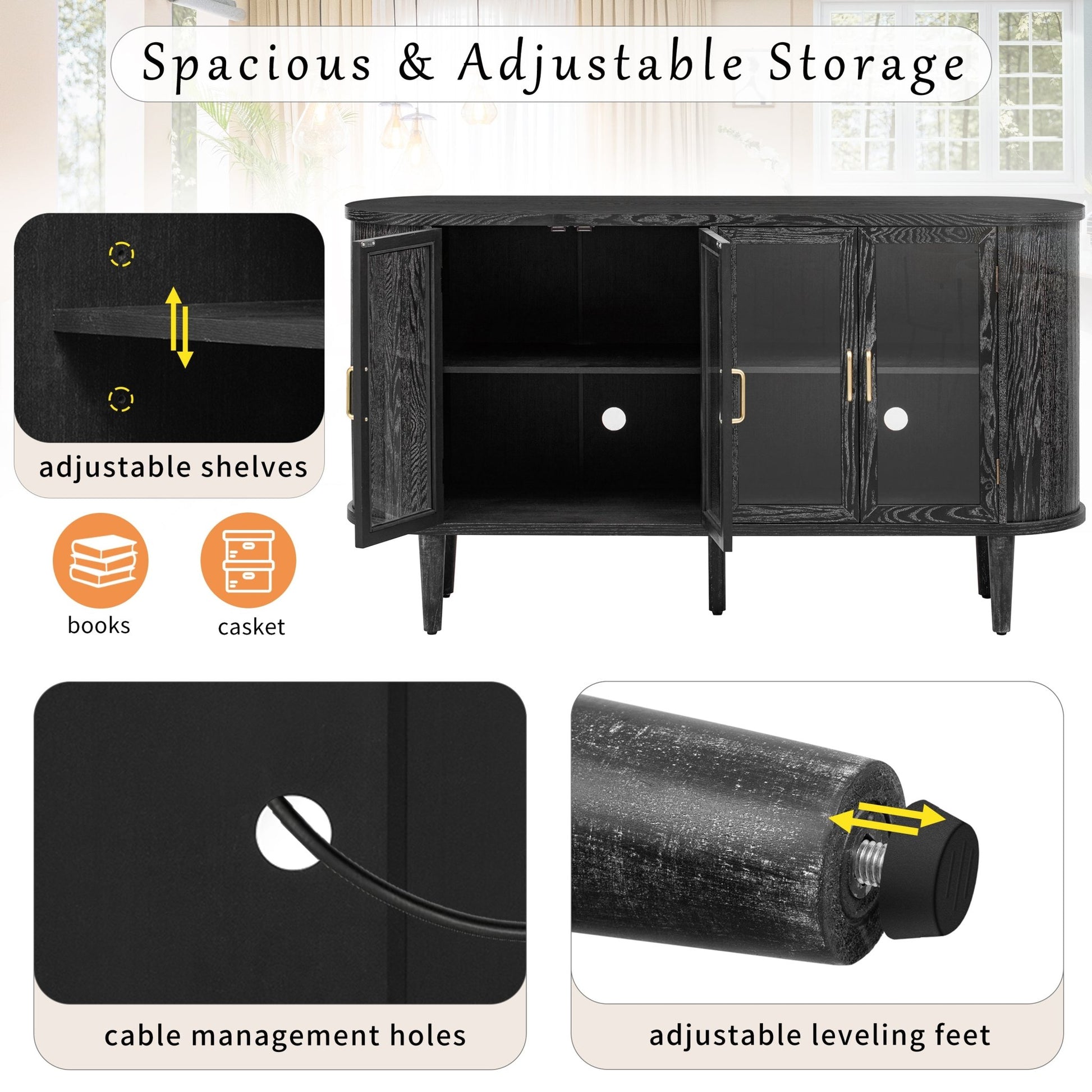 TREXM Farmhouse Sideboard Cabinet with Storage, Wood Buffet Cabinet with Glass Doors and Adjustable Shelves for Kitchen, Dining Room and Living Room (Black) - 1st Choice Furniture Direct