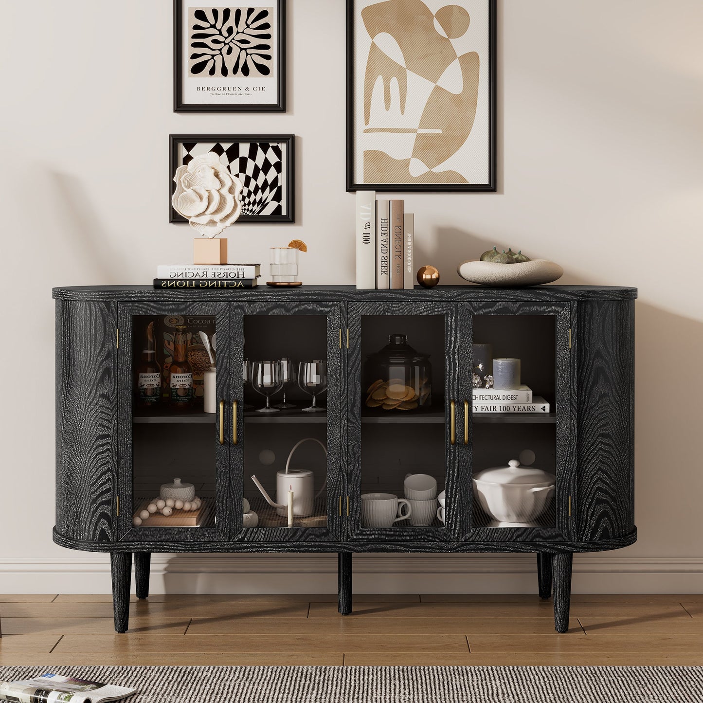 TREXM Farmhouse Sideboard Cabinet with Storage, Wood Buffet Cabinet with Glass Doors and Adjustable Shelves for Kitchen, Dining Room and Living Room (Black) - 1st Choice Furniture Direct