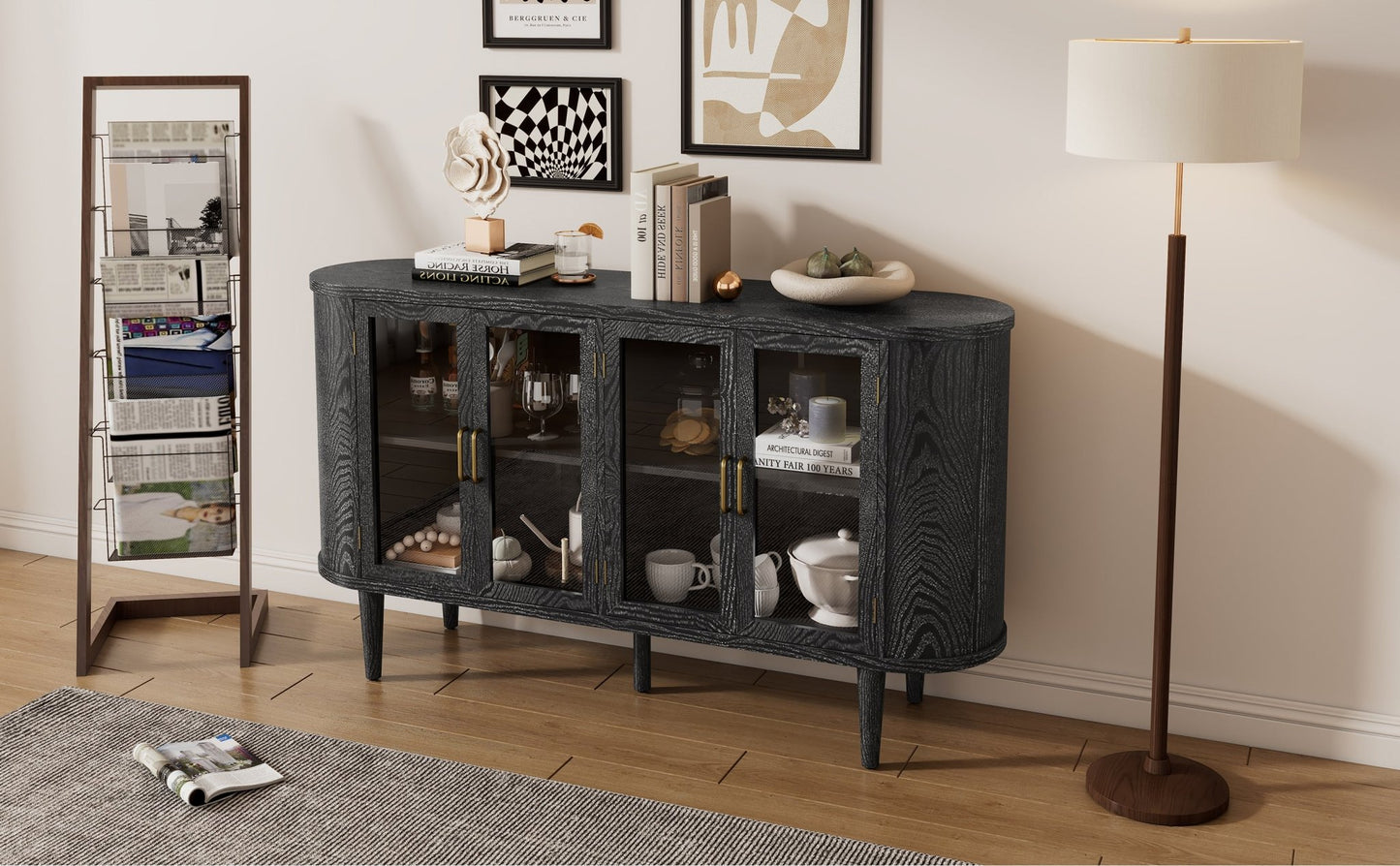 TREXM Farmhouse Sideboard Cabinet with Storage, Wood Buffet Cabinet with Glass Doors and Adjustable Shelves for Kitchen, Dining Room and Living Room (Black) - 1st Choice Furniture Direct