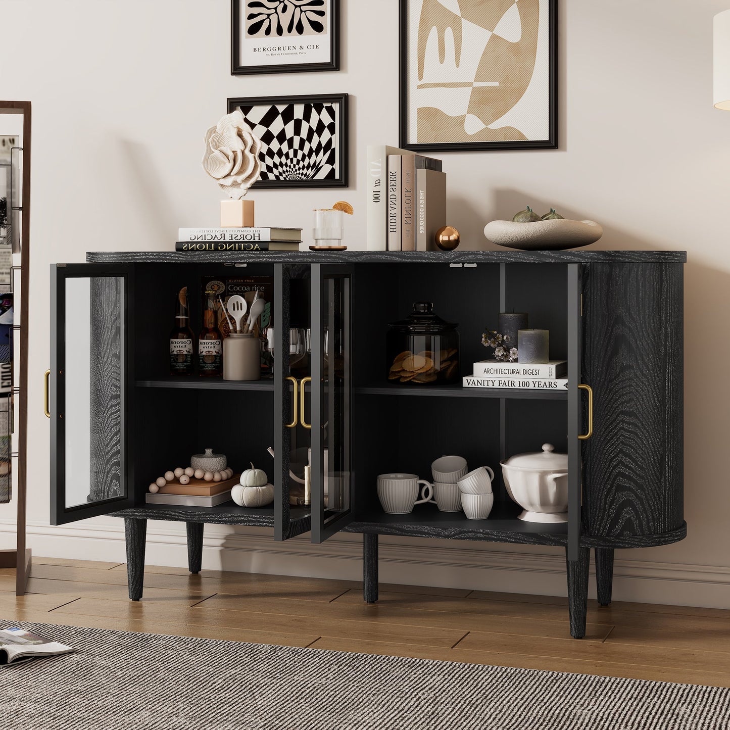 TREXM Farmhouse Sideboard Cabinet with Storage, Wood Buffet Cabinet with Glass Doors and Adjustable Shelves for Kitchen, Dining Room and Living Room (Black) - 1st Choice Furniture Direct