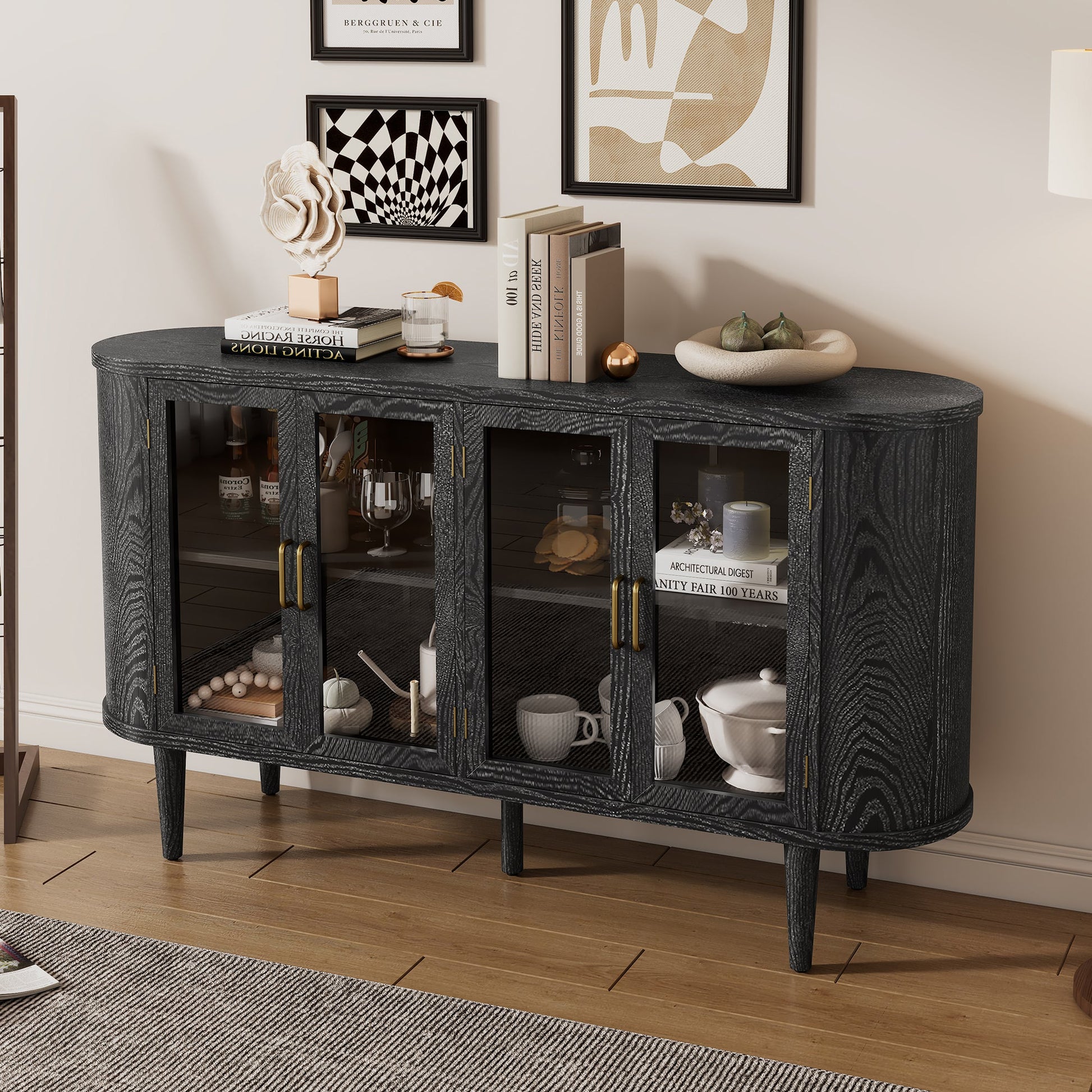 TREXM Farmhouse Sideboard Cabinet with Storage, Wood Buffet Cabinet with Glass Doors and Adjustable Shelves for Kitchen, Dining Room and Living Room (Black) - 1st Choice Furniture Direct