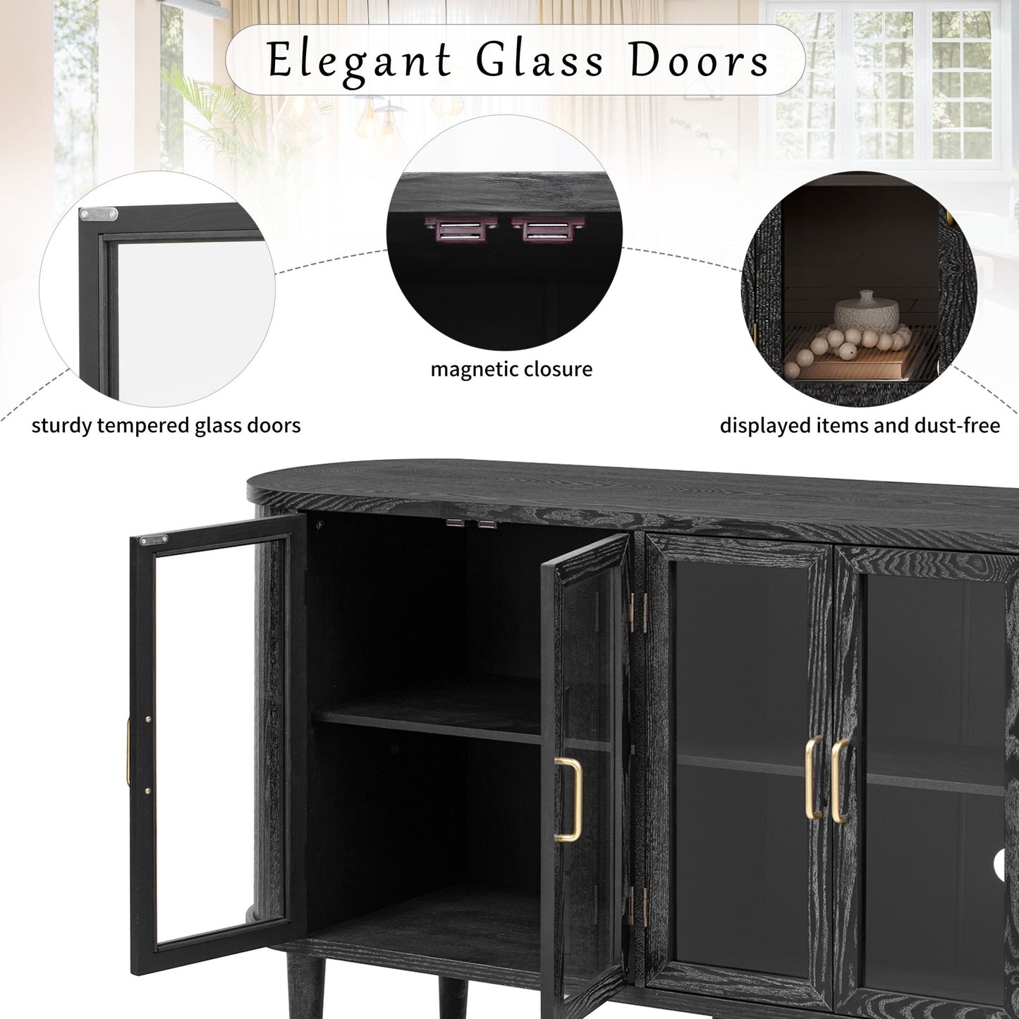 TREXM Farmhouse Sideboard Cabinet with Storage, Wood Buffet Cabinet with Glass Doors and Adjustable Shelves for Kitchen, Dining Room and Living Room (Black) - 1st Choice Furniture Direct