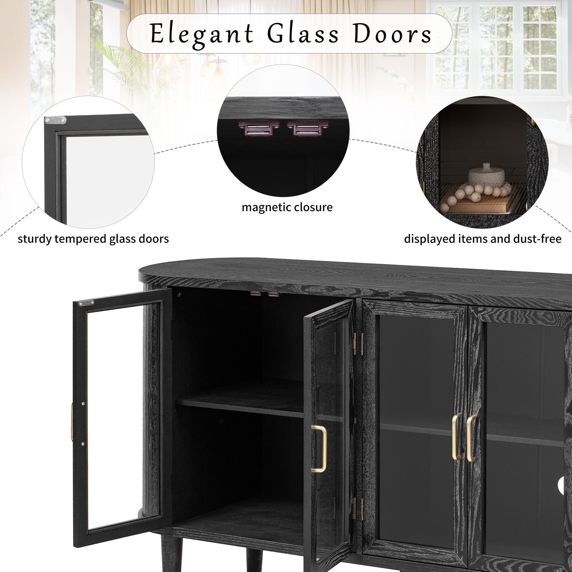 TREXM Farmhouse Sideboard Cabinet with Storage, Wood Buffet Cabinet with Glass Doors and Adjustable Shelves for Kitchen, Dining Room and Living Room (Black) - 1st Choice Furniture Direct