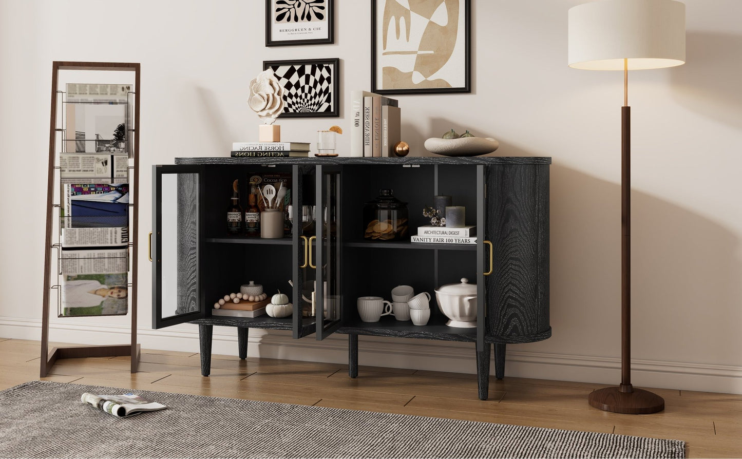 TREXM Farmhouse Sideboard Cabinet with Storage, Wood Buffet Cabinet with Glass Doors and Adjustable Shelves for Kitchen, Dining Room and Living Room (Black) - 1st Choice Furniture Direct