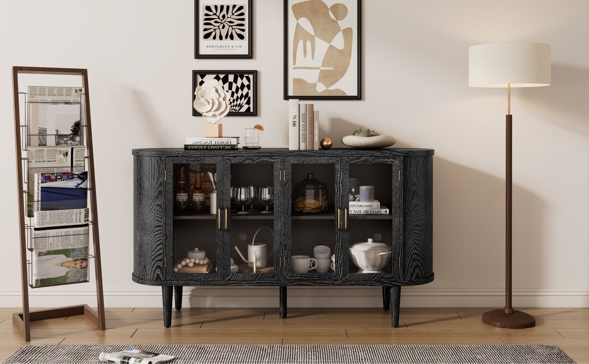 TREXM Farmhouse Sideboard Cabinet with Storage, Wood Buffet Cabinet with Glass Doors and Adjustable Shelves for Kitchen, Dining Room and Living Room (Black) - 1st Choice Furniture Direct