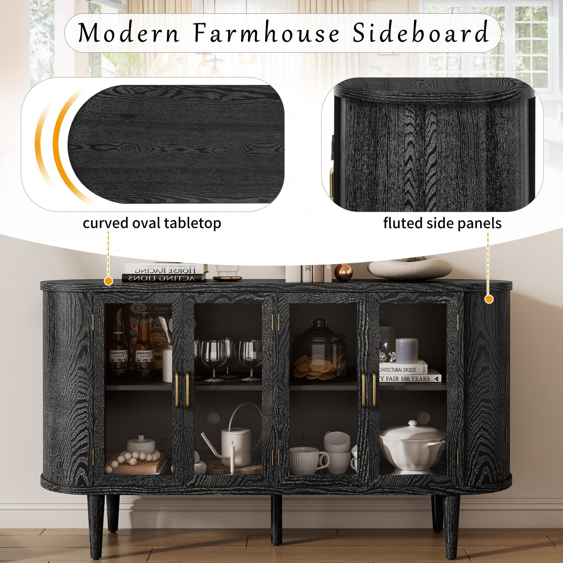 TREXM Farmhouse Sideboard Cabinet with Storage, Wood Buffet Cabinet with Glass Doors and Adjustable Shelves for Kitchen, Dining Room and Living Room (Black) - 1st Choice Furniture Direct