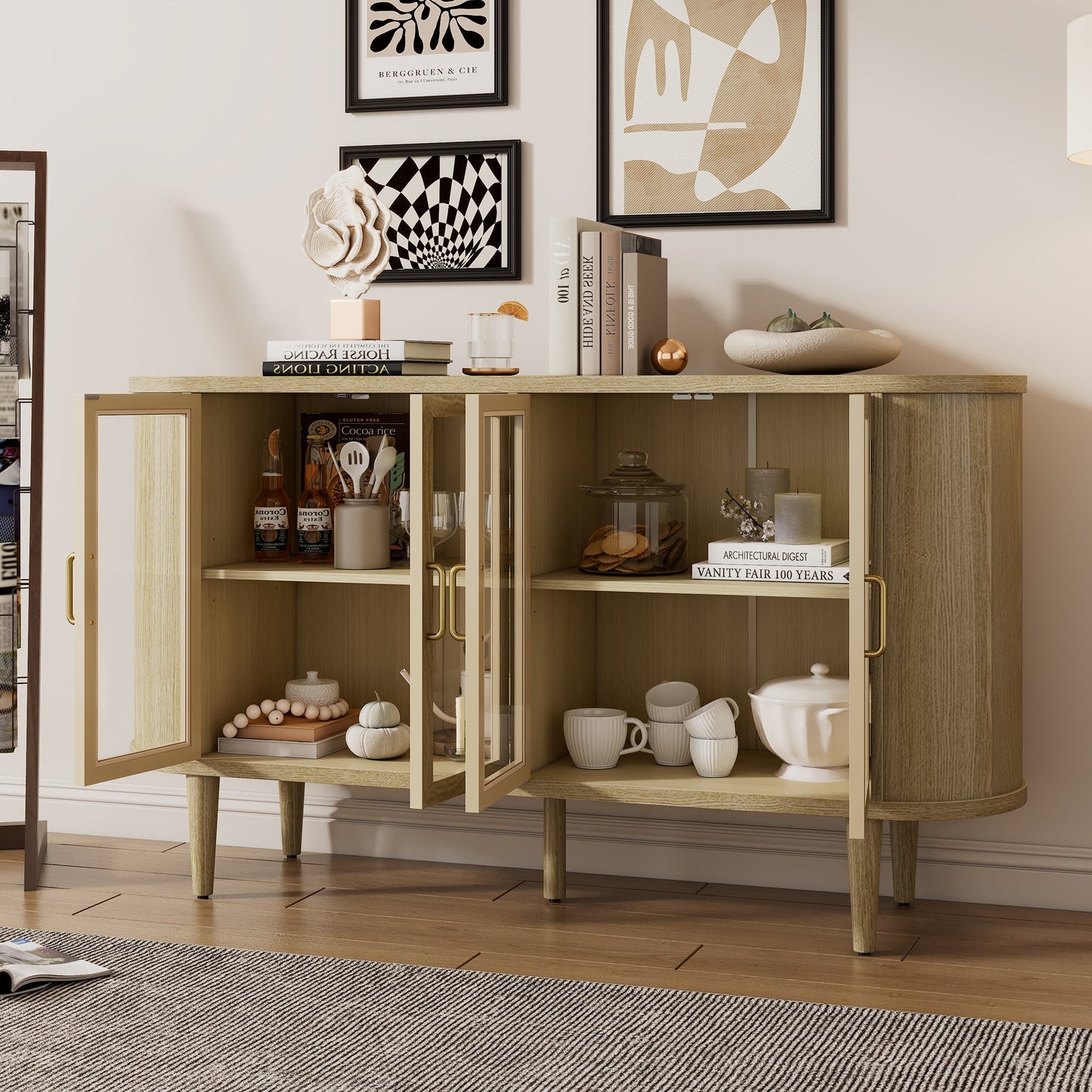 TREXM Farmhouse Sideboard Cabinet with Storage, Wood Buffet Cabinet with Glass Doors and Adjustable Shelves for Kitchen, Dining Room and Living Room (Natural) - 1st Choice Furniture Direct