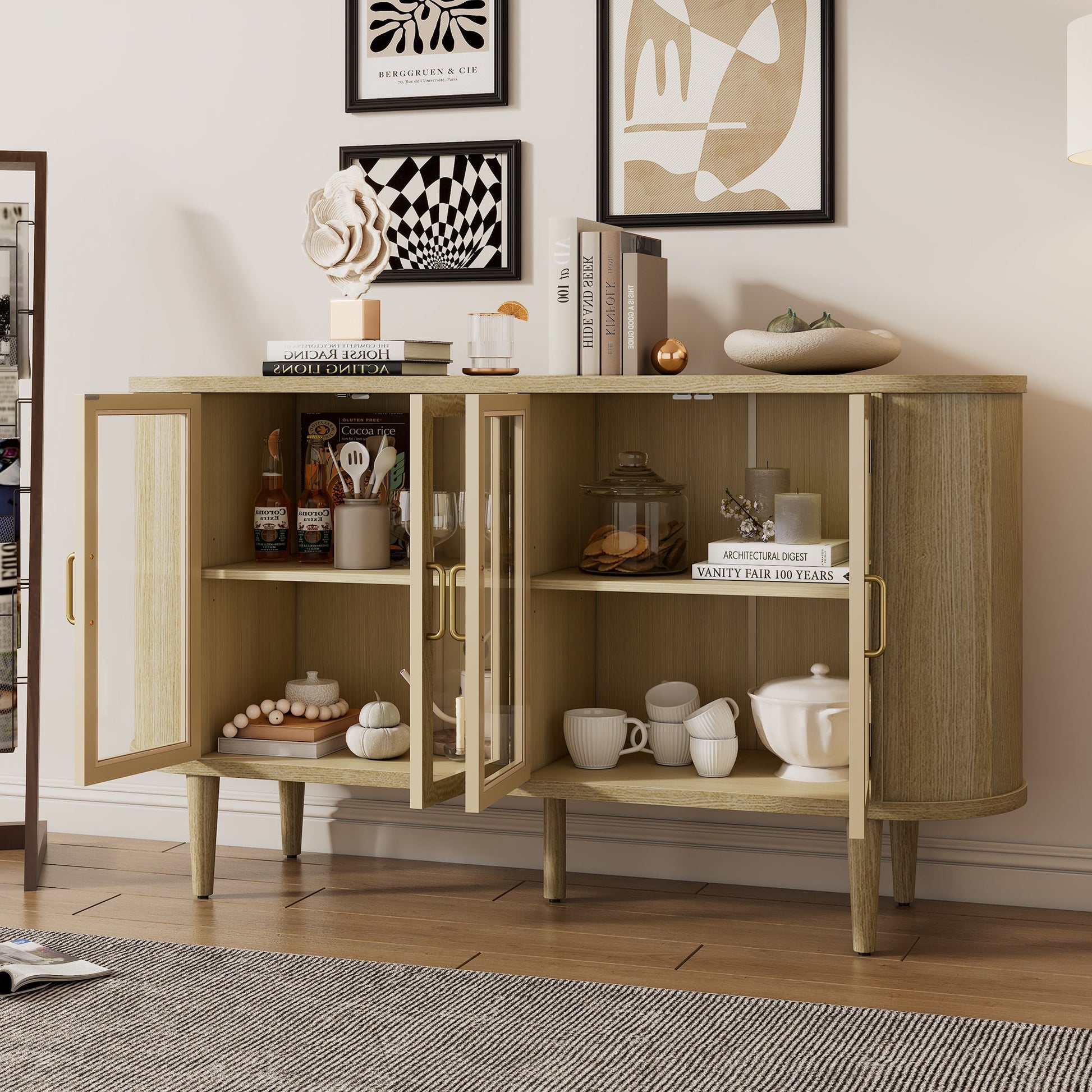 TREXM Farmhouse Sideboard Cabinet with Storage, Wood Buffet Cabinet with Glass Doors and Adjustable Shelves for Kitchen, Dining Room and Living Room (Natural) - 1st Choice Furniture Direct