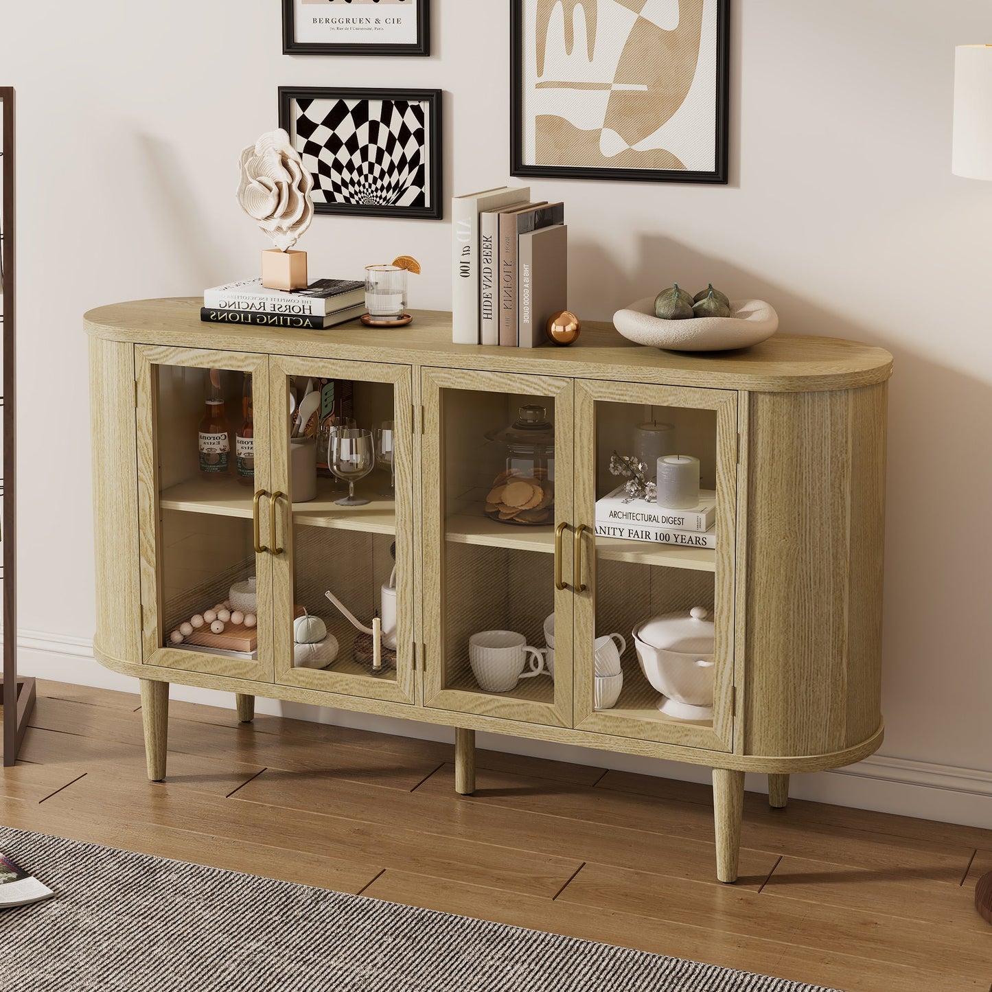 TREXM Farmhouse Sideboard Cabinet with Storage, Wood Buffet Cabinet with Glass Doors and Adjustable Shelves for Kitchen, Dining Room and Living Room (Natural) - 1st Choice Furniture Direct