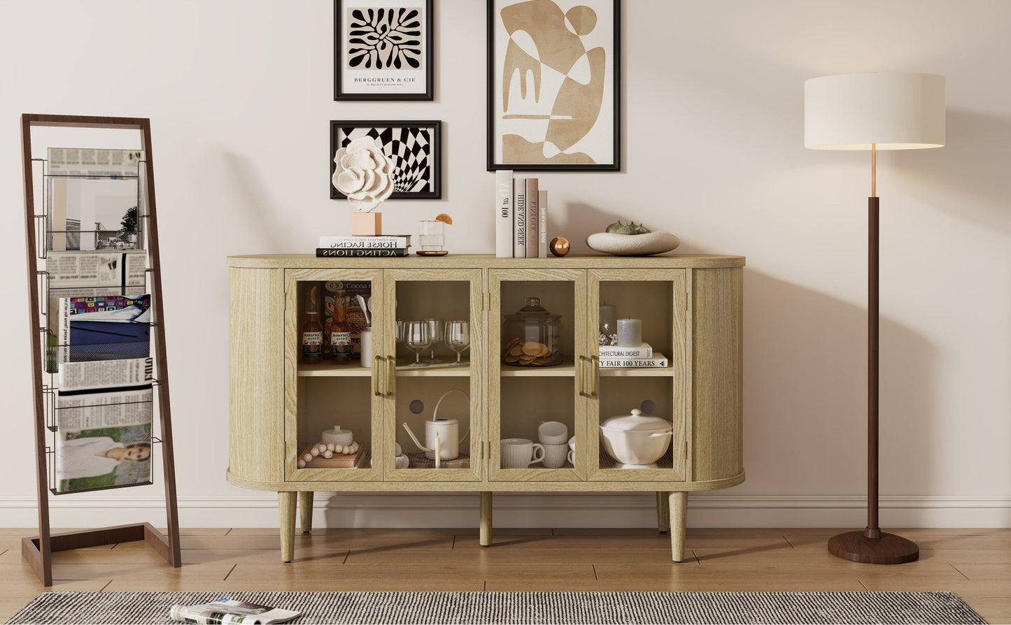 TREXM Farmhouse Sideboard Cabinet with Storage, Wood Buffet Cabinet with Glass Doors and Adjustable Shelves for Kitchen, Dining Room and Living Room (Natural) - 1st Choice Furniture Direct
