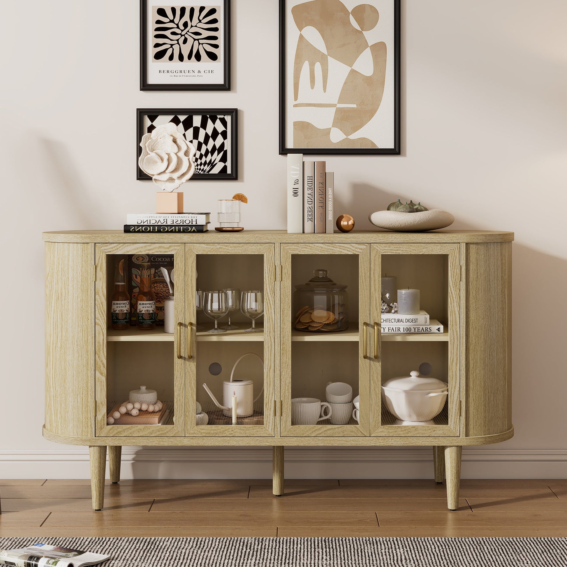 TREXM Farmhouse Sideboard Cabinet with Storage, Wood Buffet Cabinet with Glass Doors and Adjustable Shelves for Kitchen, Dining Room and Living Room (Natural) - 1st Choice Furniture Direct