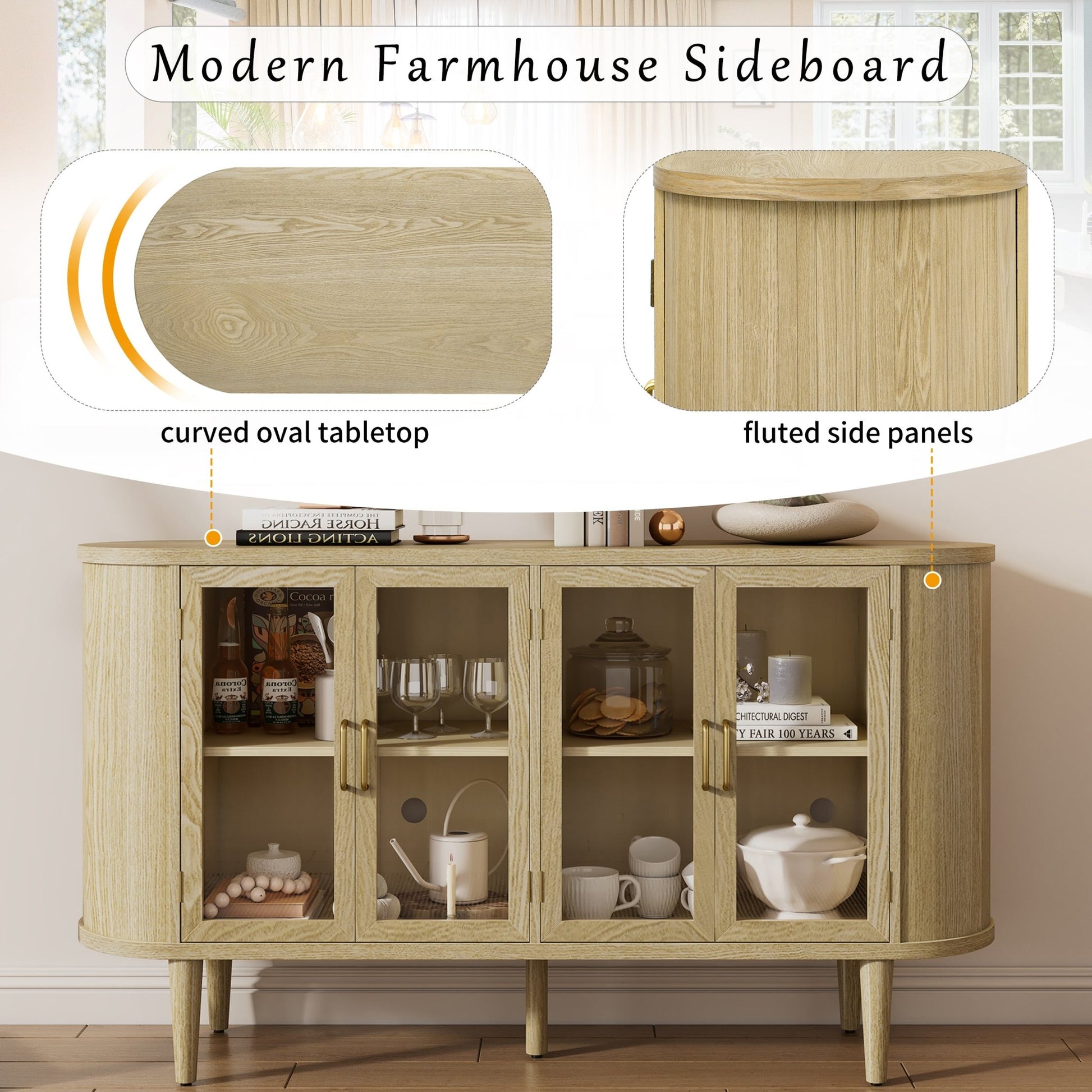 TREXM Farmhouse Sideboard Cabinet with Storage, Wood Buffet Cabinet with Glass Doors and Adjustable Shelves for Kitchen, Dining Room and Living Room (Natural) - 1st Choice Furniture Direct