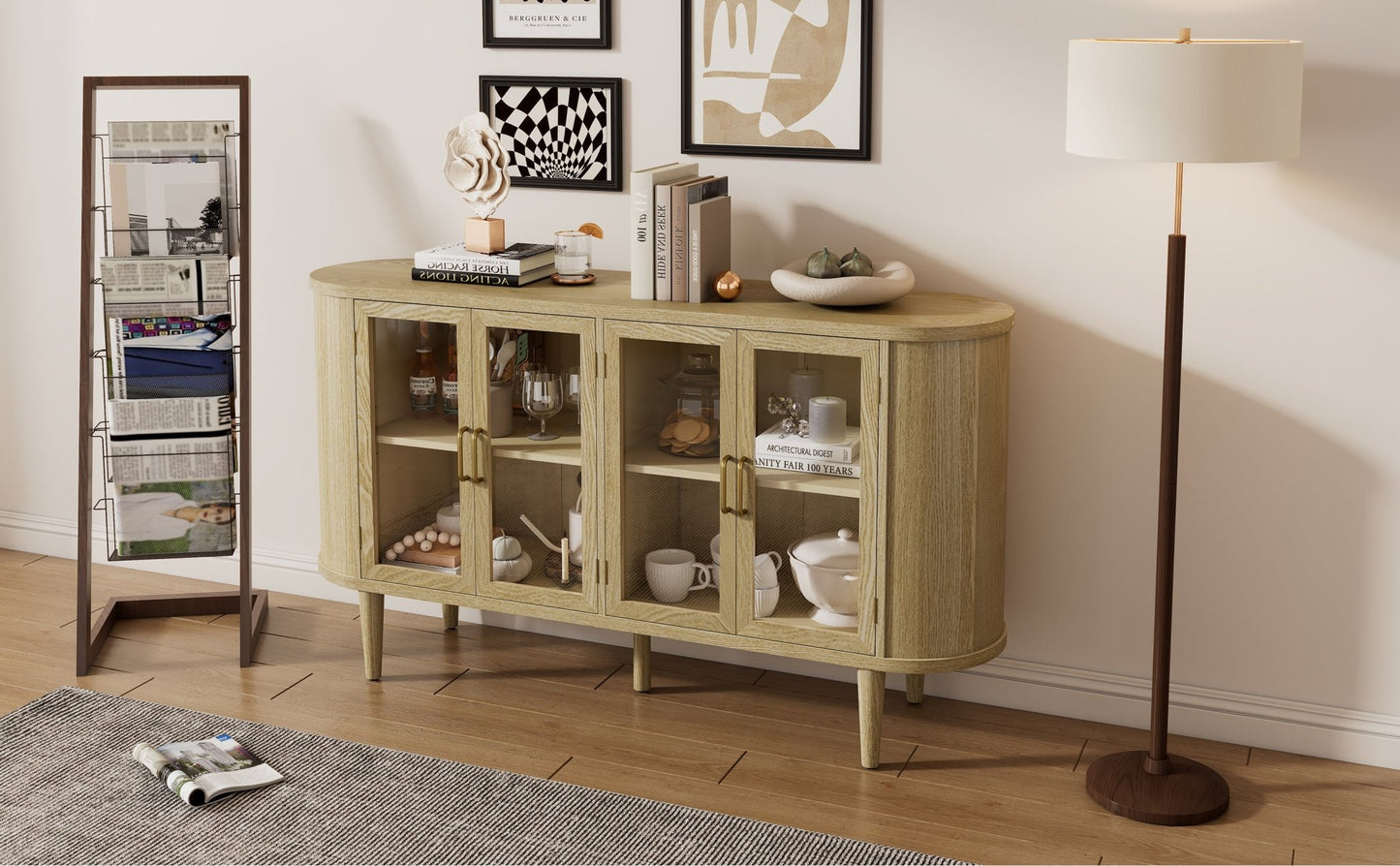 TREXM Farmhouse Sideboard Cabinet with Storage, Wood Buffet Cabinet with Glass Doors and Adjustable Shelves for Kitchen, Dining Room and Living Room (Natural) - 1st Choice Furniture Direct