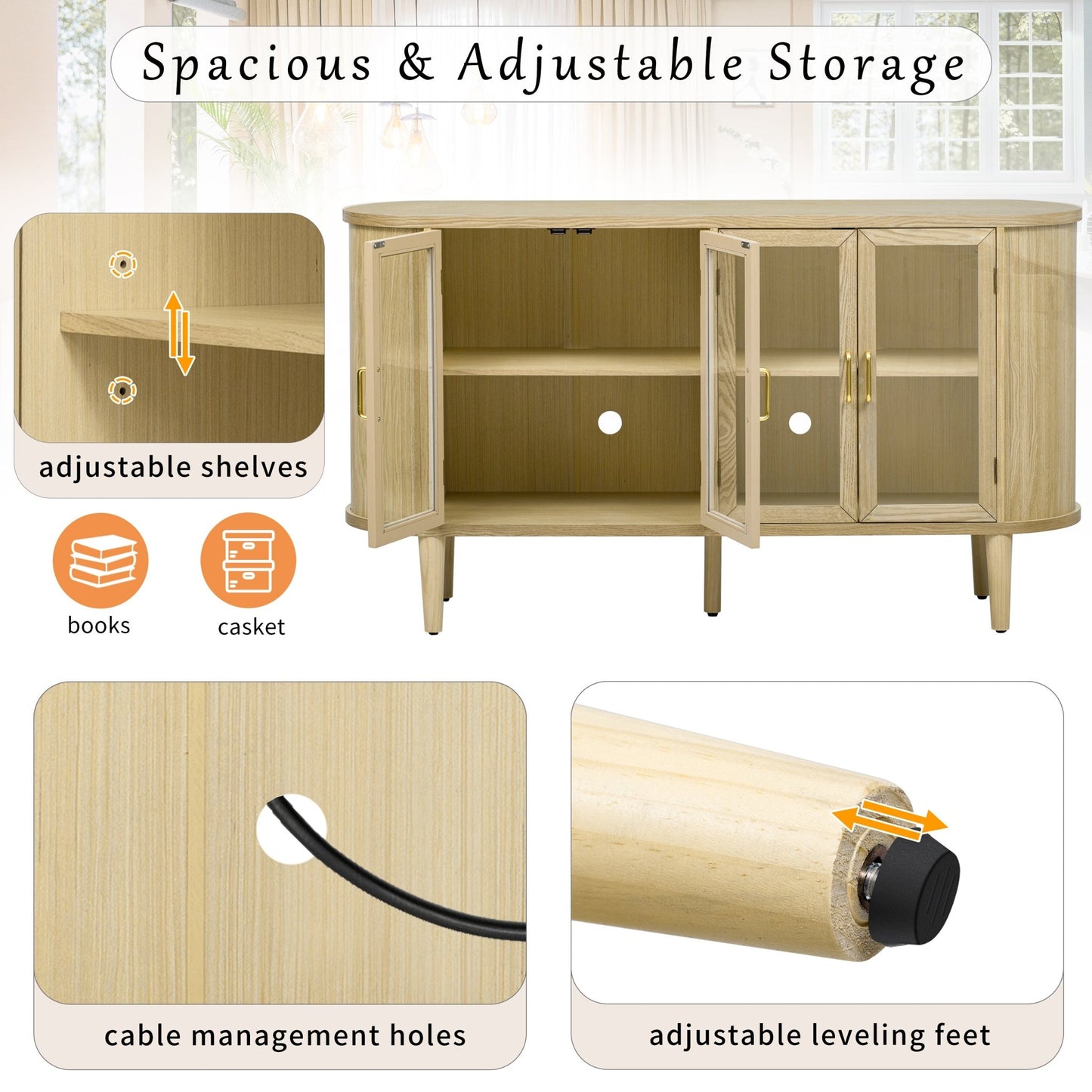TREXM Farmhouse Sideboard Cabinet with Storage, Wood Buffet Cabinet with Glass Doors and Adjustable Shelves for Kitchen, Dining Room and Living Room (Natural) - 1st Choice Furniture Direct
