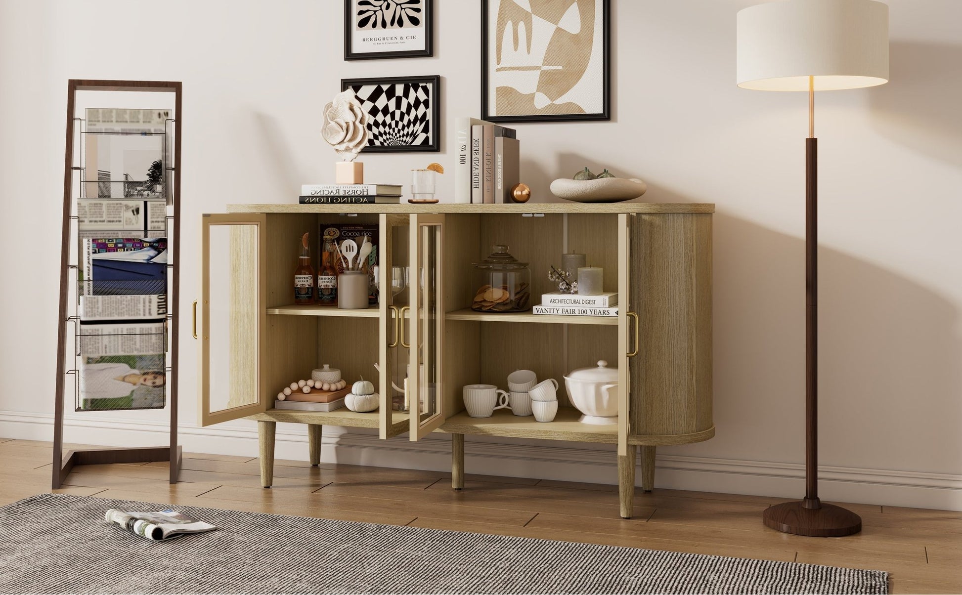 TREXM Farmhouse Sideboard Cabinet with Storage, Wood Buffet Cabinet with Glass Doors and Adjustable Shelves for Kitchen, Dining Room and Living Room (Natural) - 1st Choice Furniture Direct