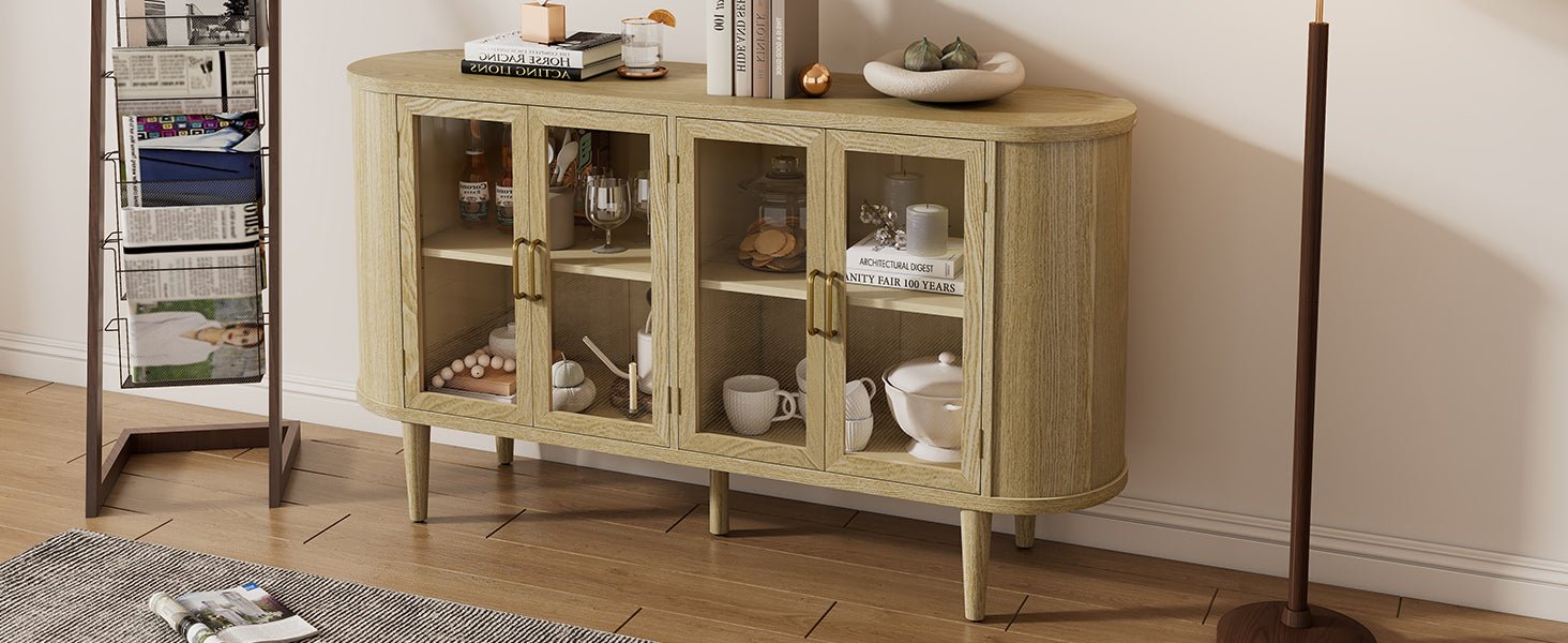 TREXM Farmhouse Sideboard Cabinet with Storage, Wood Buffet Cabinet with Glass Doors and Adjustable Shelves for Kitchen, Dining Room and Living Room (Natural) - 1st Choice Furniture Direct
