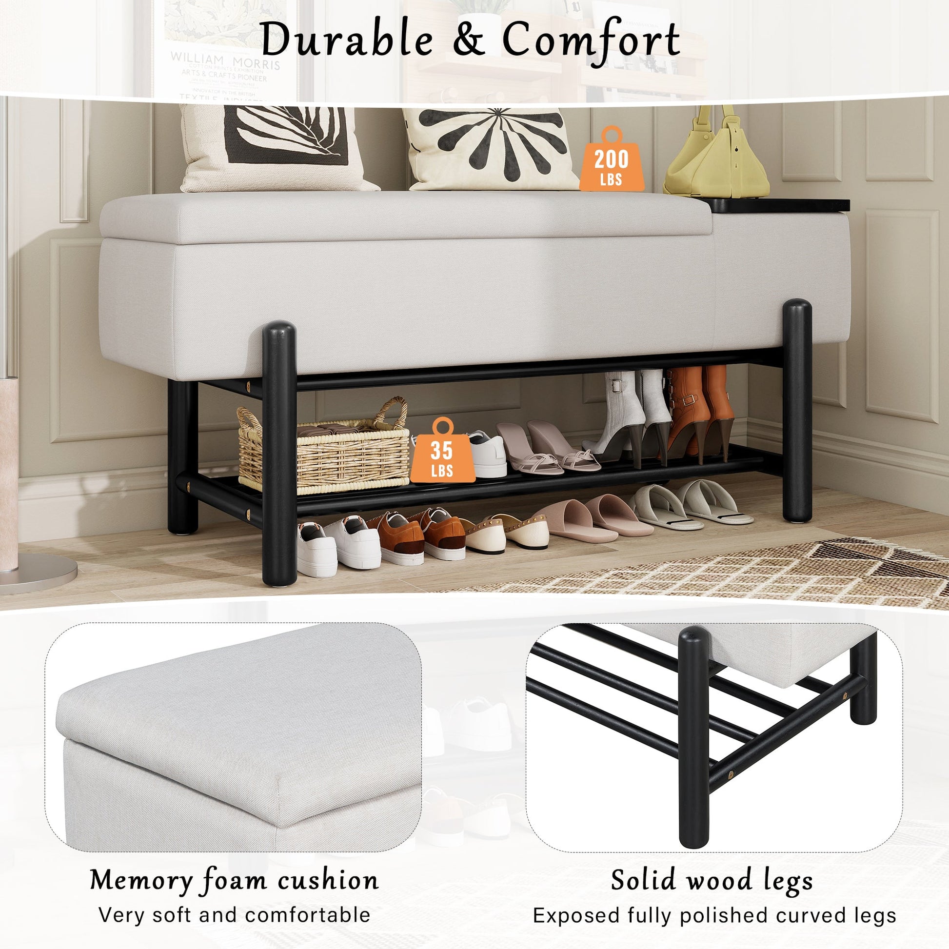 TREXM Farmhouse Upholstered Storage Bench with Hidden Compartment, Modern Entryway Bench for Living Room, Entryway, and Hallways (Black) - 1st Choice Furniture Direct