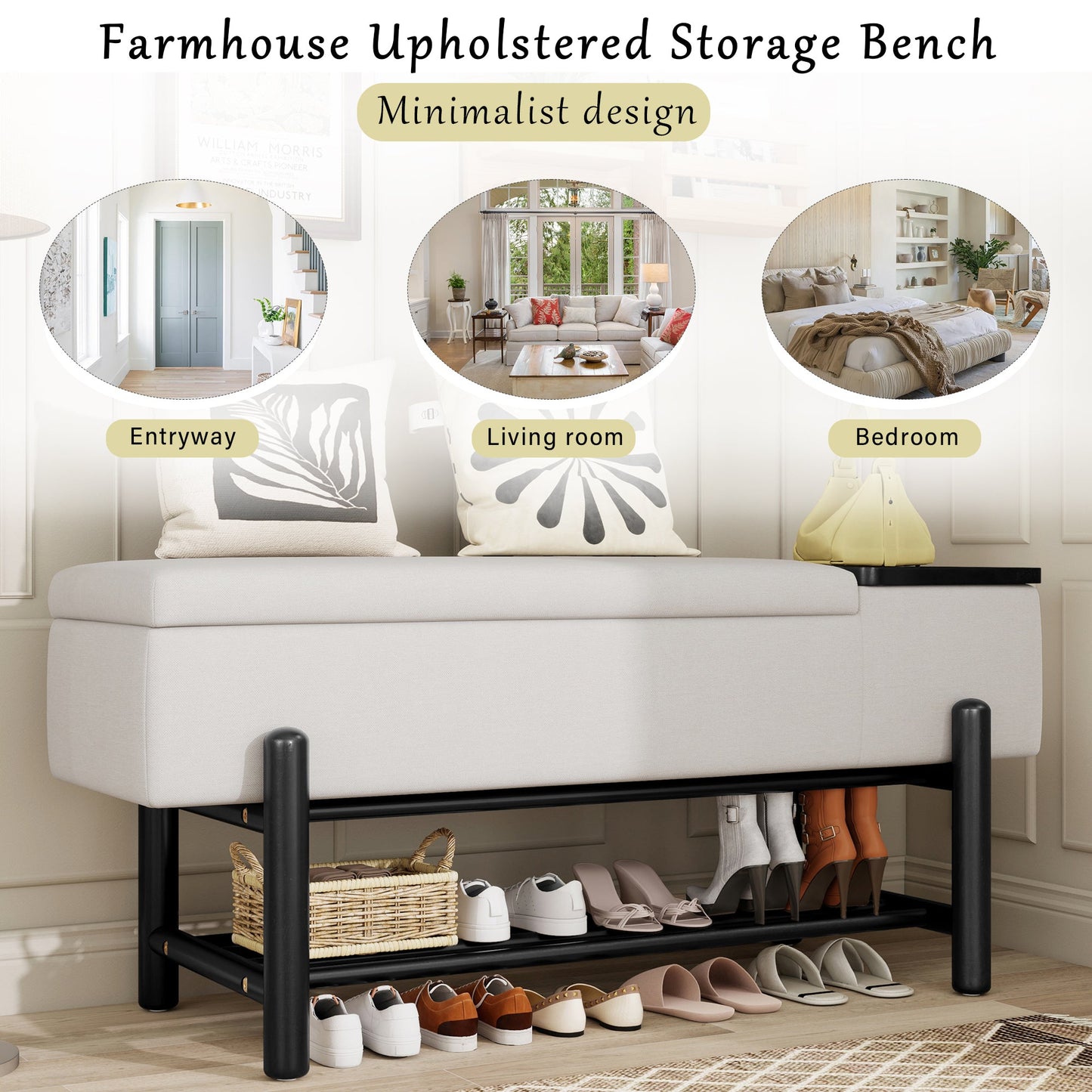 TREXM Farmhouse Upholstered Storage Bench with Hidden Compartment, Modern Entryway Bench for Living Room, Entryway, and Hallways (Black) - 1st Choice Furniture Direct